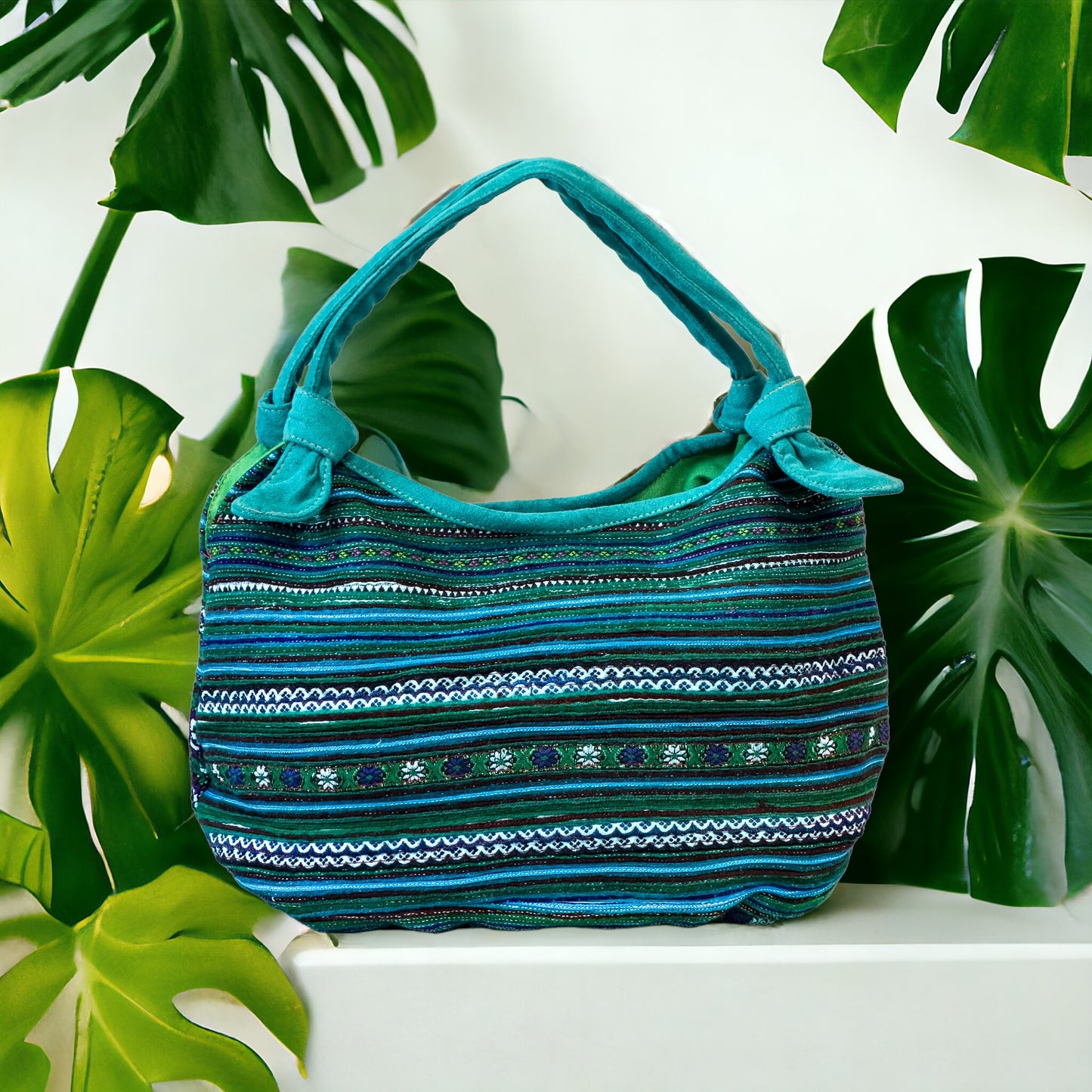 Handmade Blue Embroidered Handbag – Knot Handles, Faux Leather, Green Inner Lining