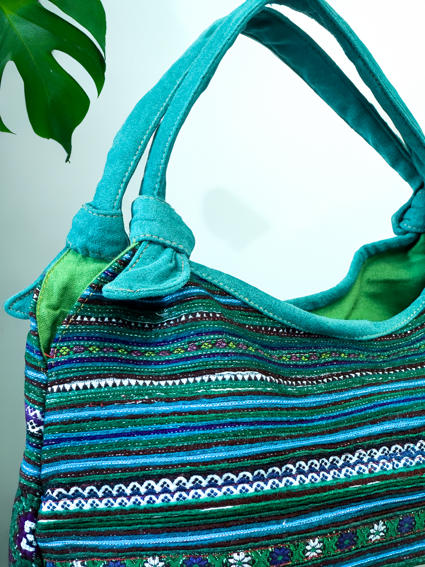Handmade Blue Embroidered Handbag – Knot Handles, Faux Leather, Green Inner Lining