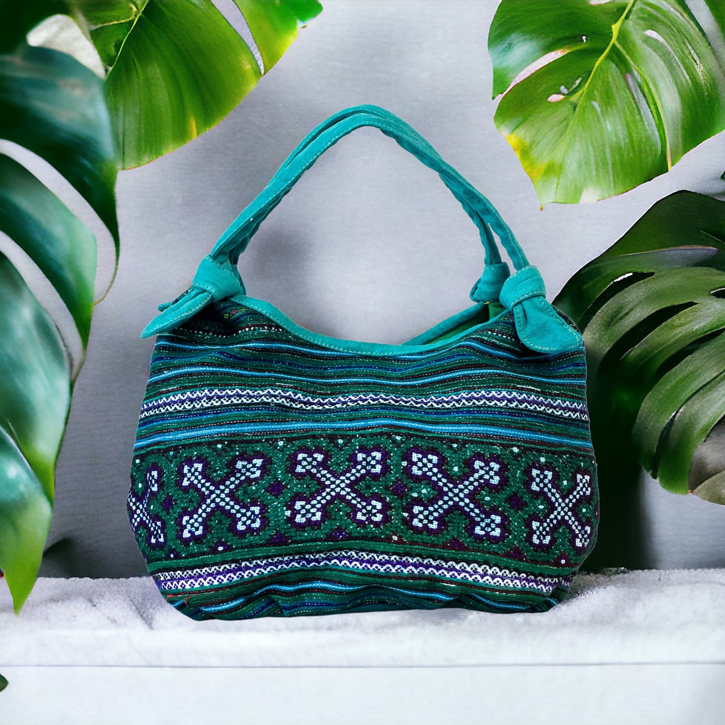 Handmade Blue Embroidered Handbag – Knot Handles, Faux Leather, Green Inner Lining