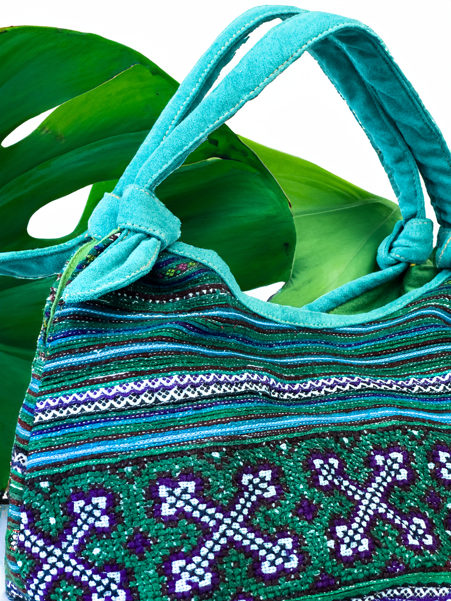 Handmade Blue Embroidered Handbag – Knot Handles, Faux Leather, Green Inner Lining
