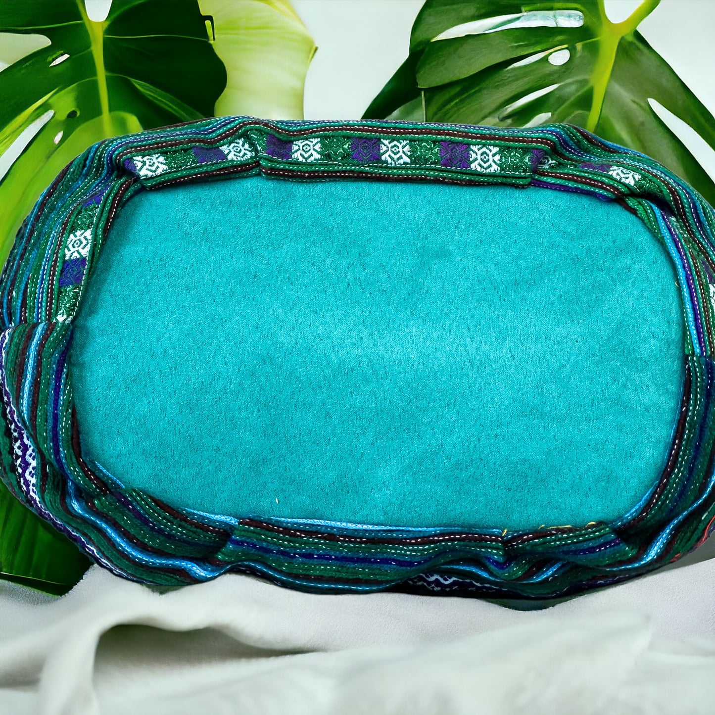 Handmade Blue Embroidered Handbag – Knot Handles, Faux Leather, Green Inner Lining