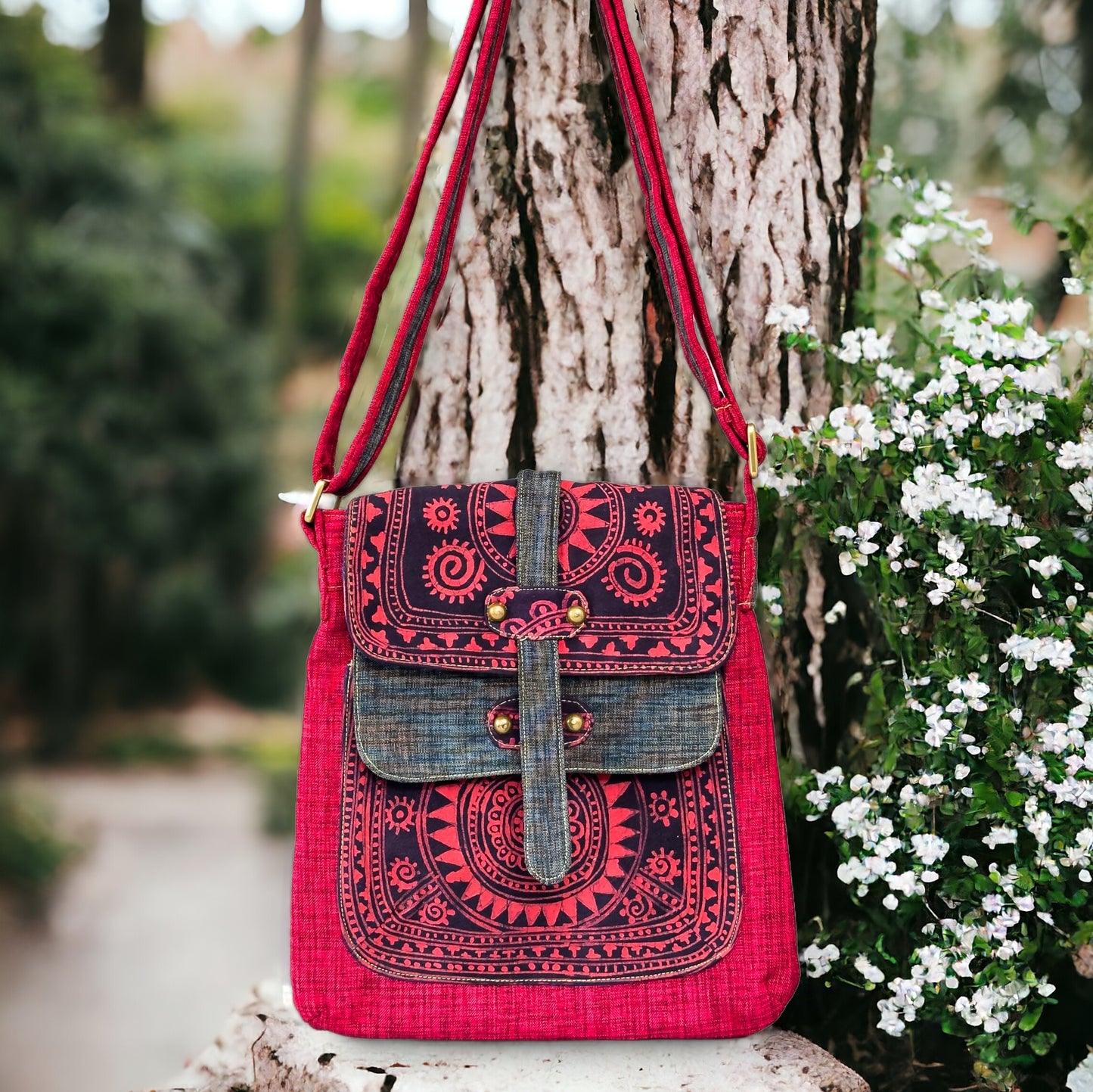 Batik cross-body bag, hand-drawn batik pattern, phoenix red, sun pattern