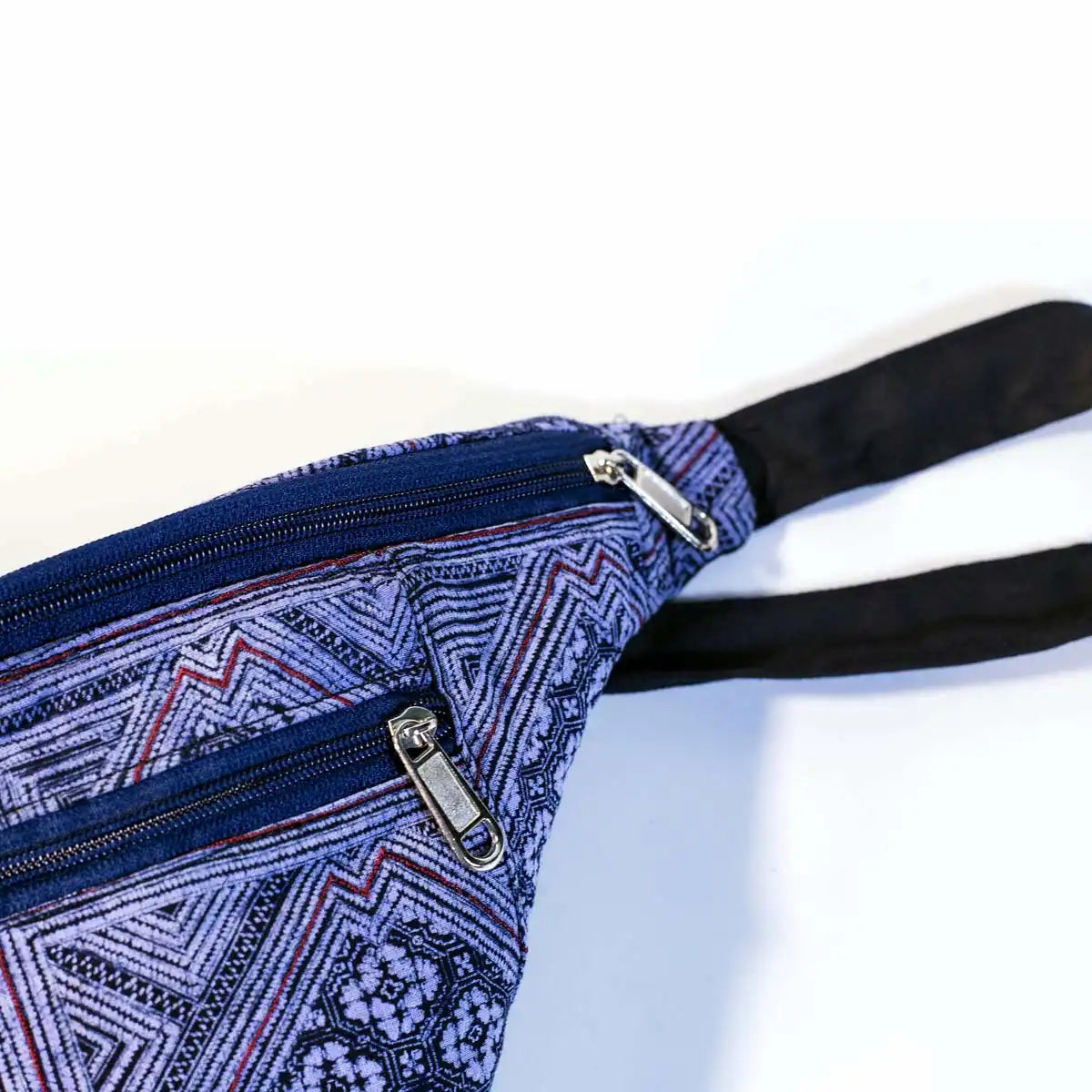 Vindigo purple hemp waist bag side close-up showing zipper