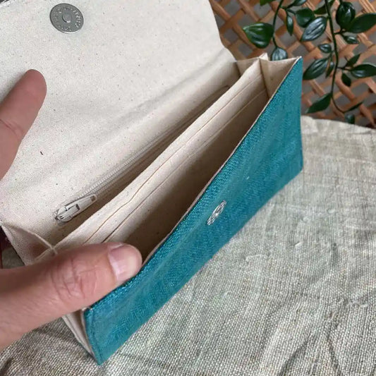 Vindigo long purse teal hemp tribal inner detail view