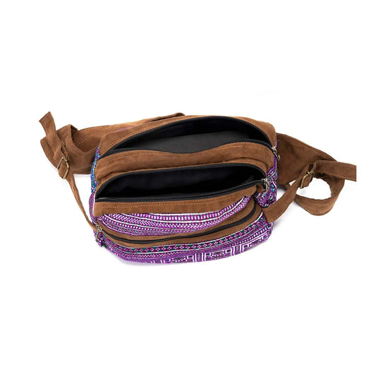 Vindigo purple embroidered waist bag top view with open compartments