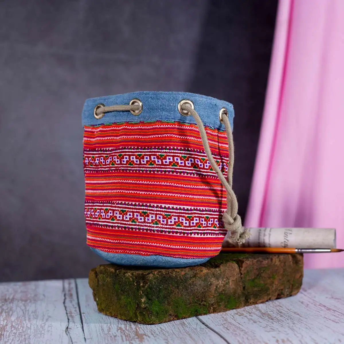 Vindigo red embroidered canvas bucket bag front view