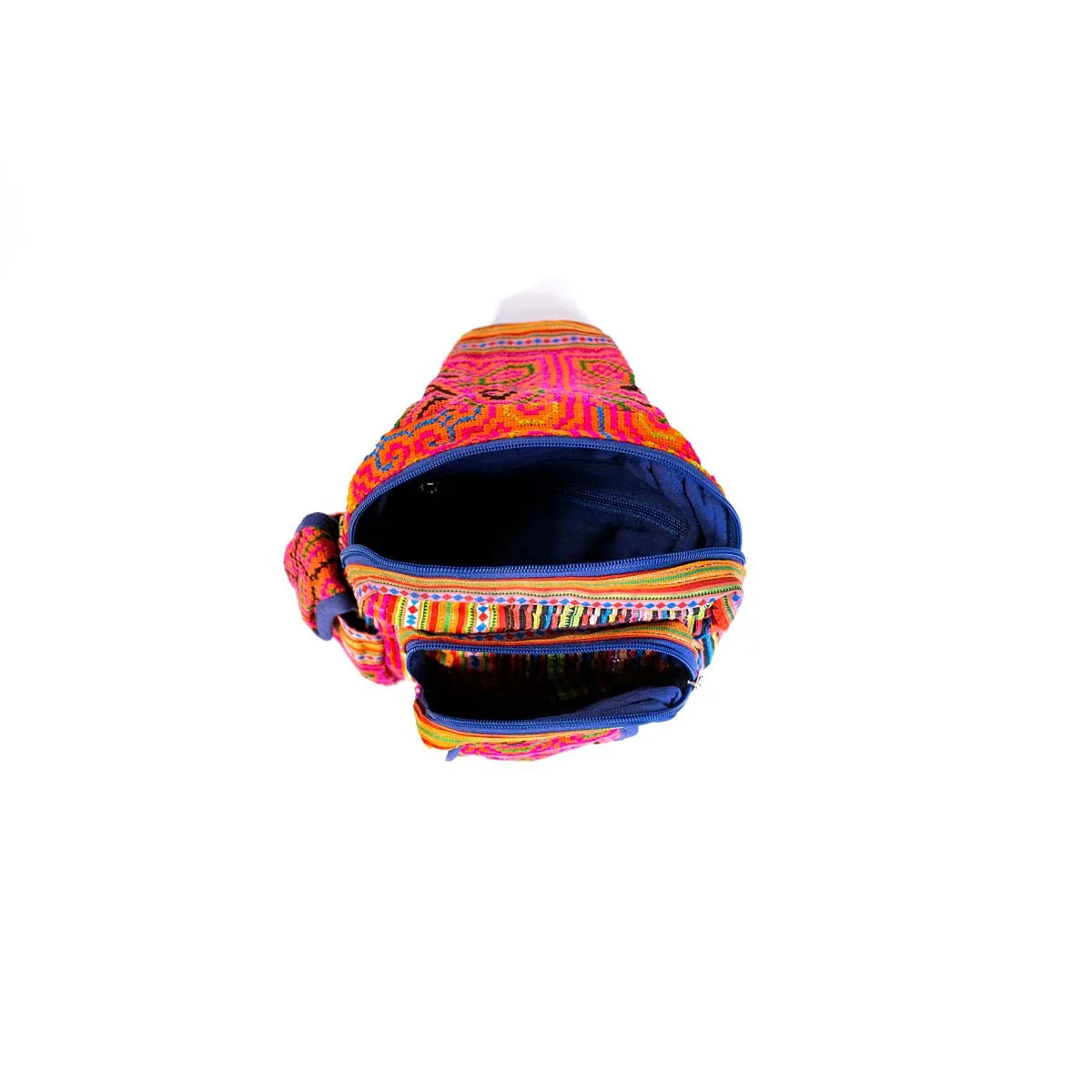 Vindigo pink hemp tribal sling bag open interior view