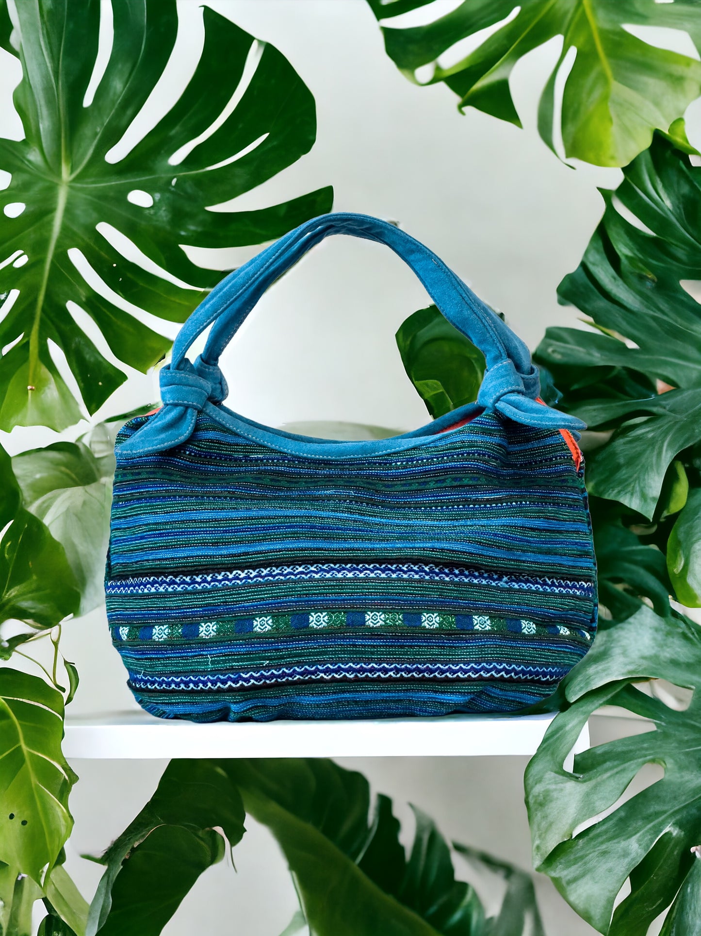 Handmade Blue Embroidered Handbag – Knot Handles, Faux Leather, Orange Inner Lining