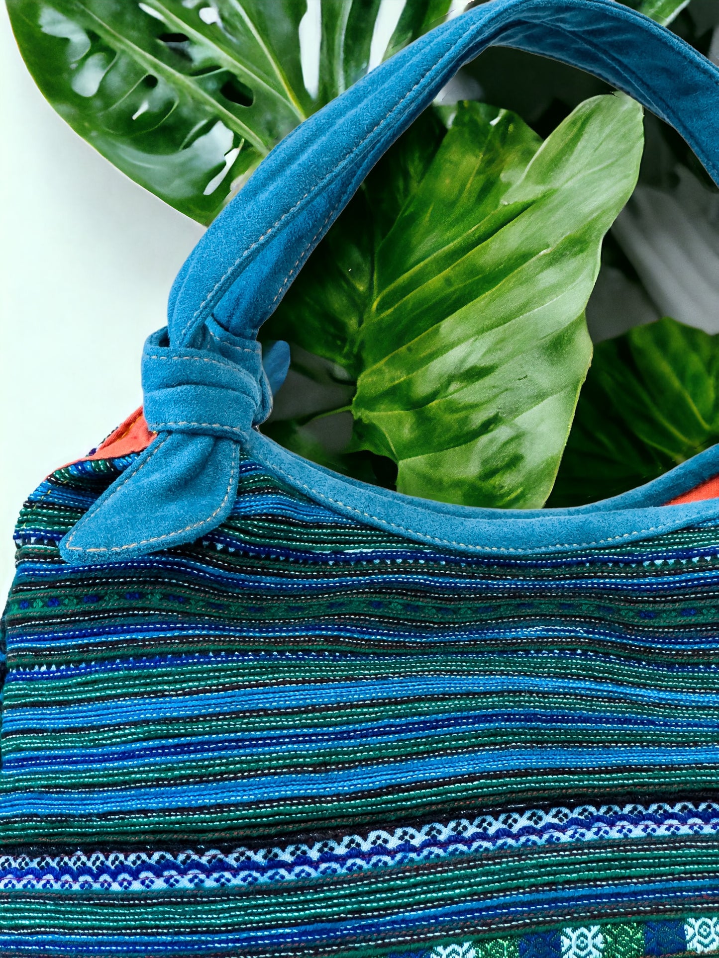 Handmade Blue Embroidered Handbag – Knot Handles, Faux Leather, Orange Inner Lining