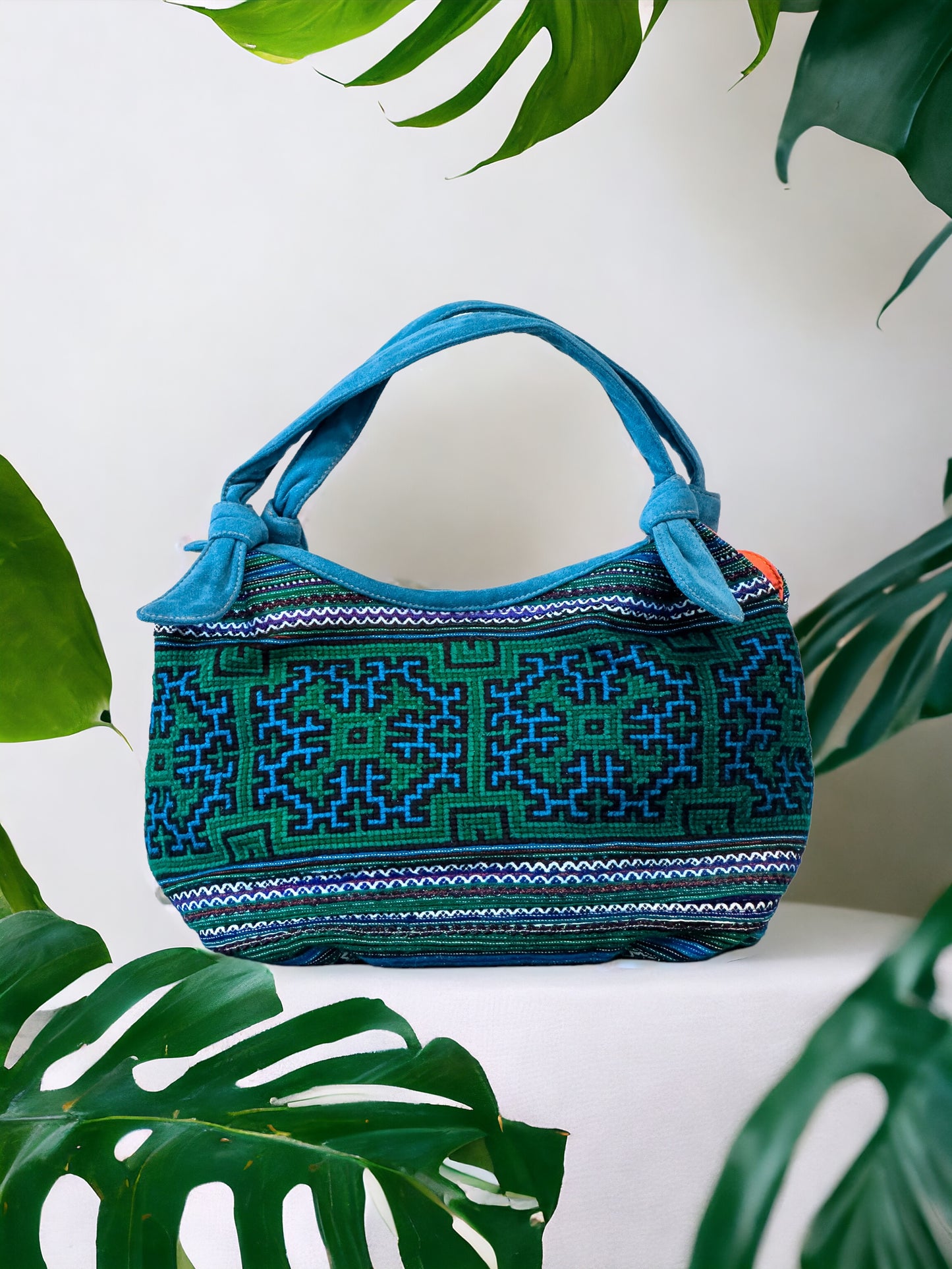 Handmade Blue Embroidered Handbag – Knot Handles, Faux Leather, Orange Inner Lining
