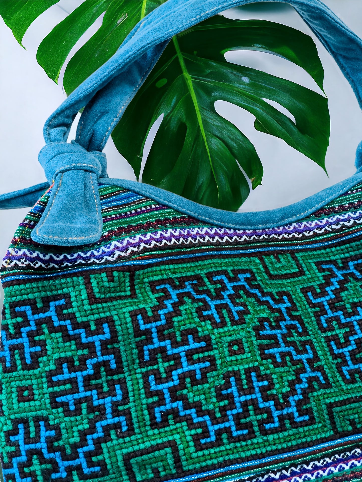 Handmade Blue Embroidered Handbag – Knot Handles, Faux Leather, Orange Inner Lining