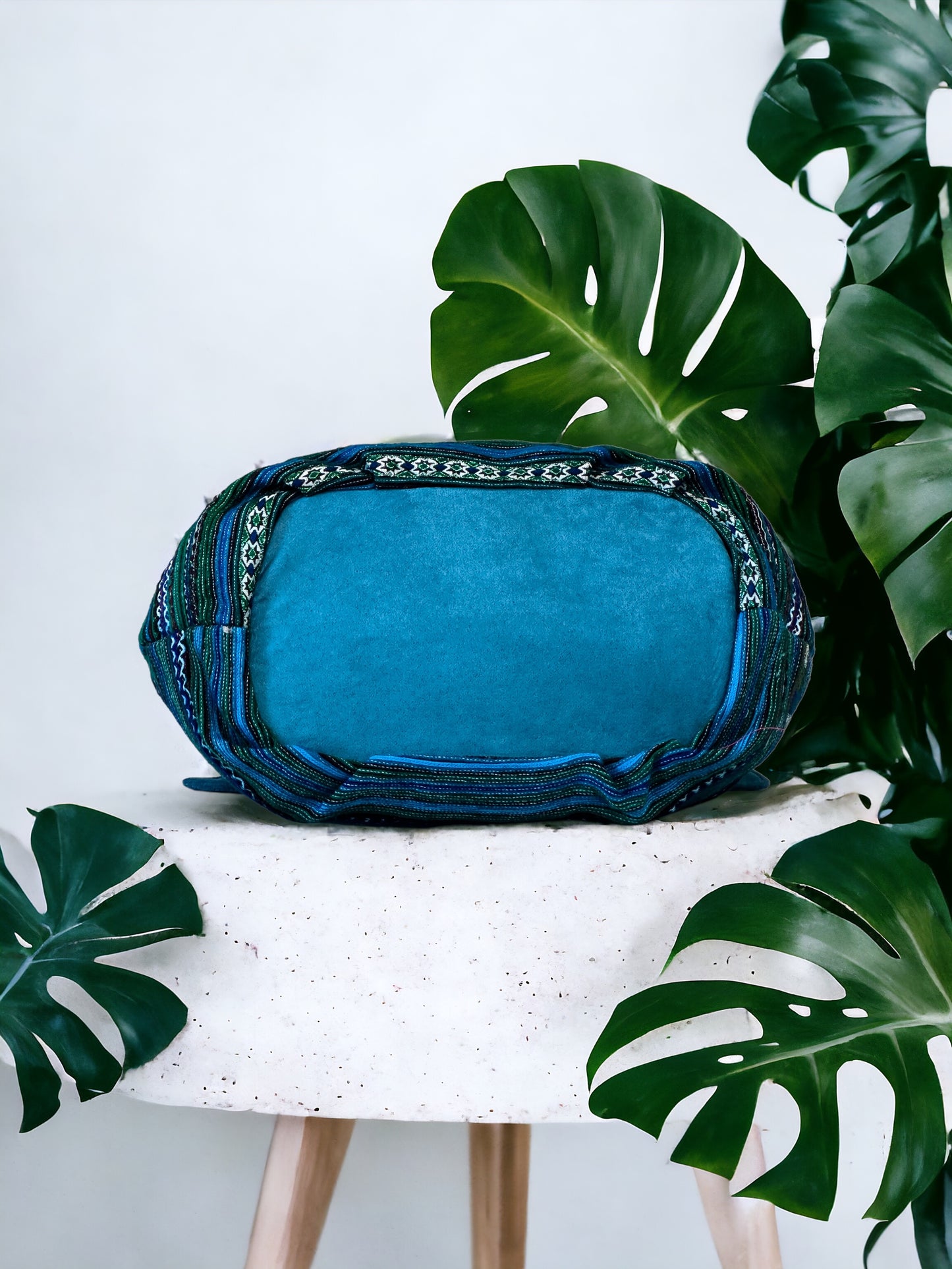Handmade Blue Embroidered Handbag – Knot Handles, Faux Leather, Orange Inner Lining