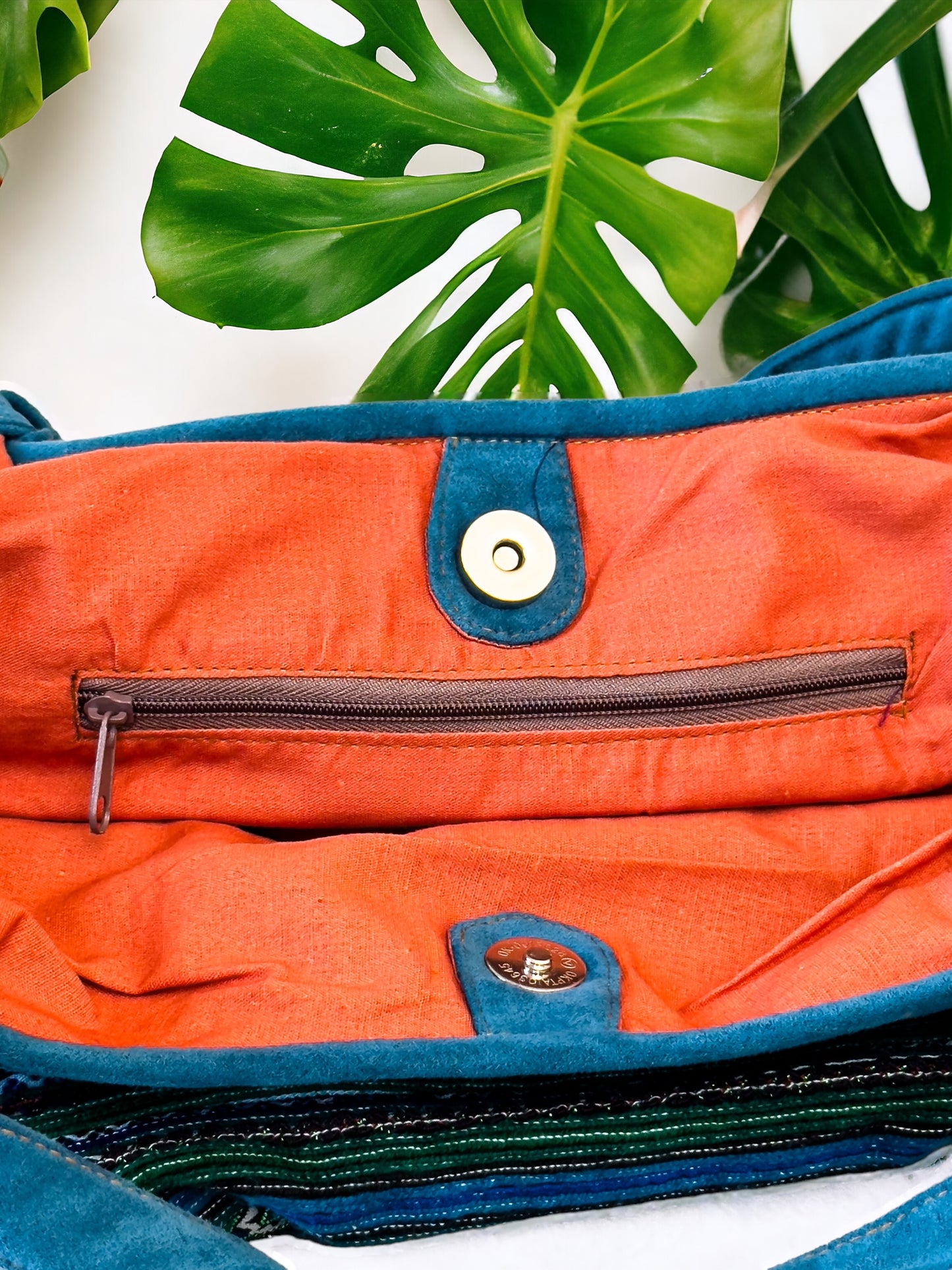 Handmade Blue Embroidered Handbag – Knot Handles, Faux Leather, Orange Inner Lining