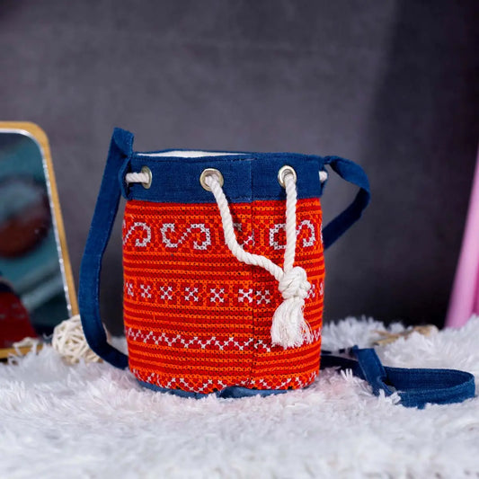 Vindigo red and indigo embroidered hemp bag upright front view