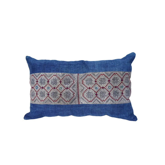 Front view of indigo batik lumbar cushion on white