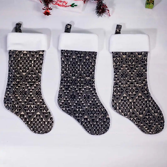 Vindigo black tribal embroidery Christmas stockings with white cuff front view