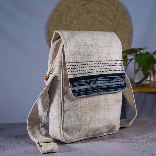 Vindigo natural hemp crossbody bag with indigo batik flap side angle