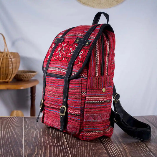 Vindigo red embroidered cotton backpack side view