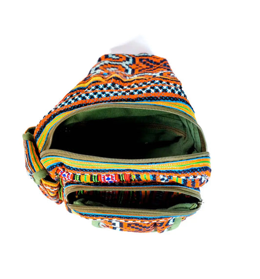 Vindigo blue hemp tribal backpack open interior with green lining