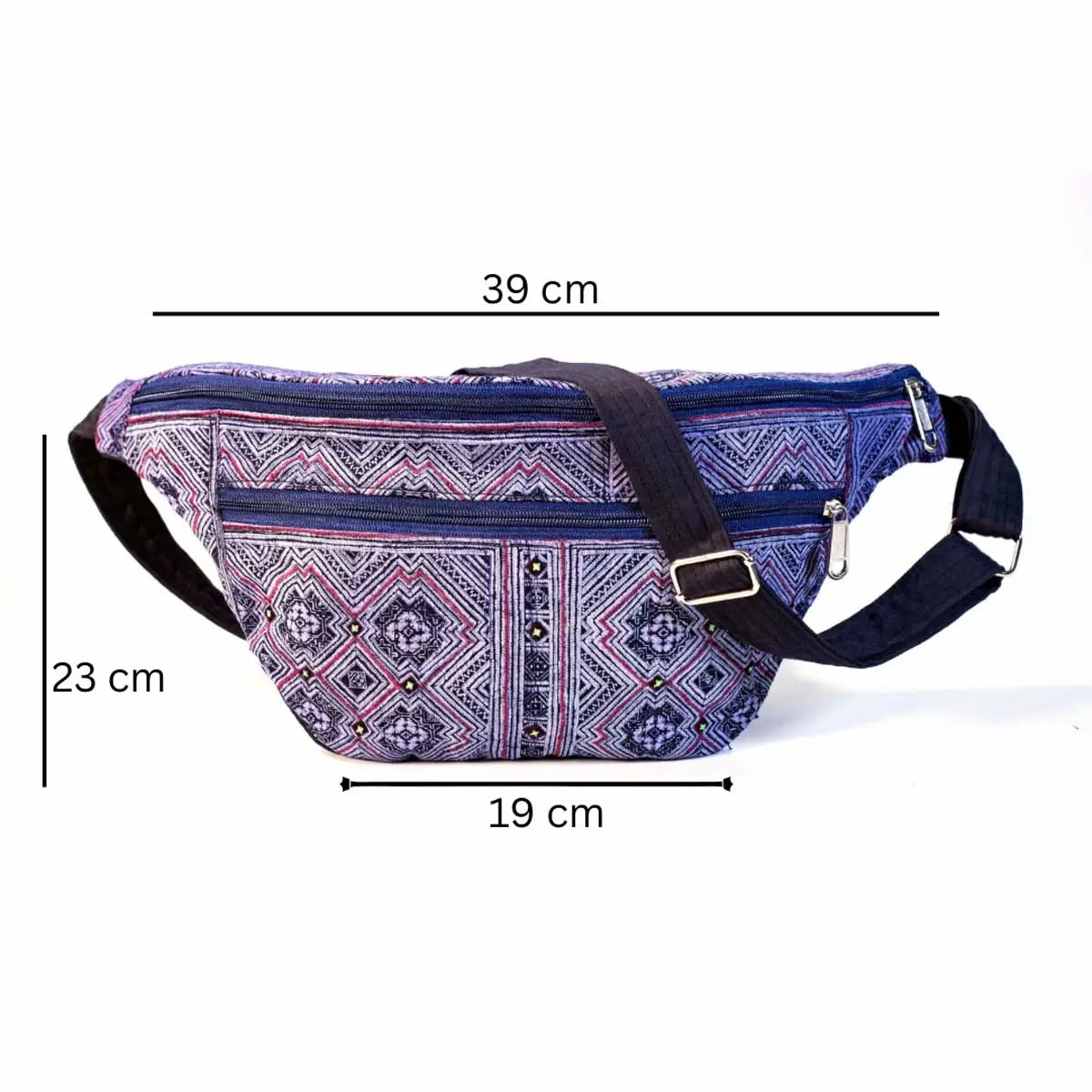 Vindigo purple hemp waist bag with detailed size measurements