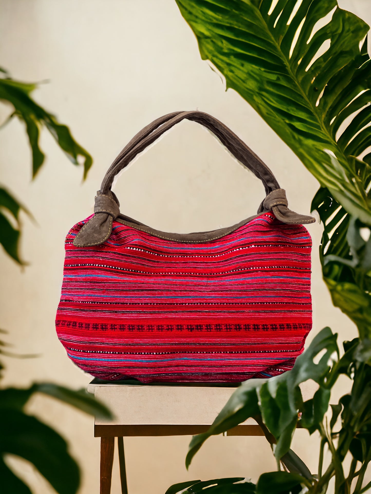 Handmade Red Embroidered Handbag – Knot Handles, Faux Leather, Pink Inner Lining