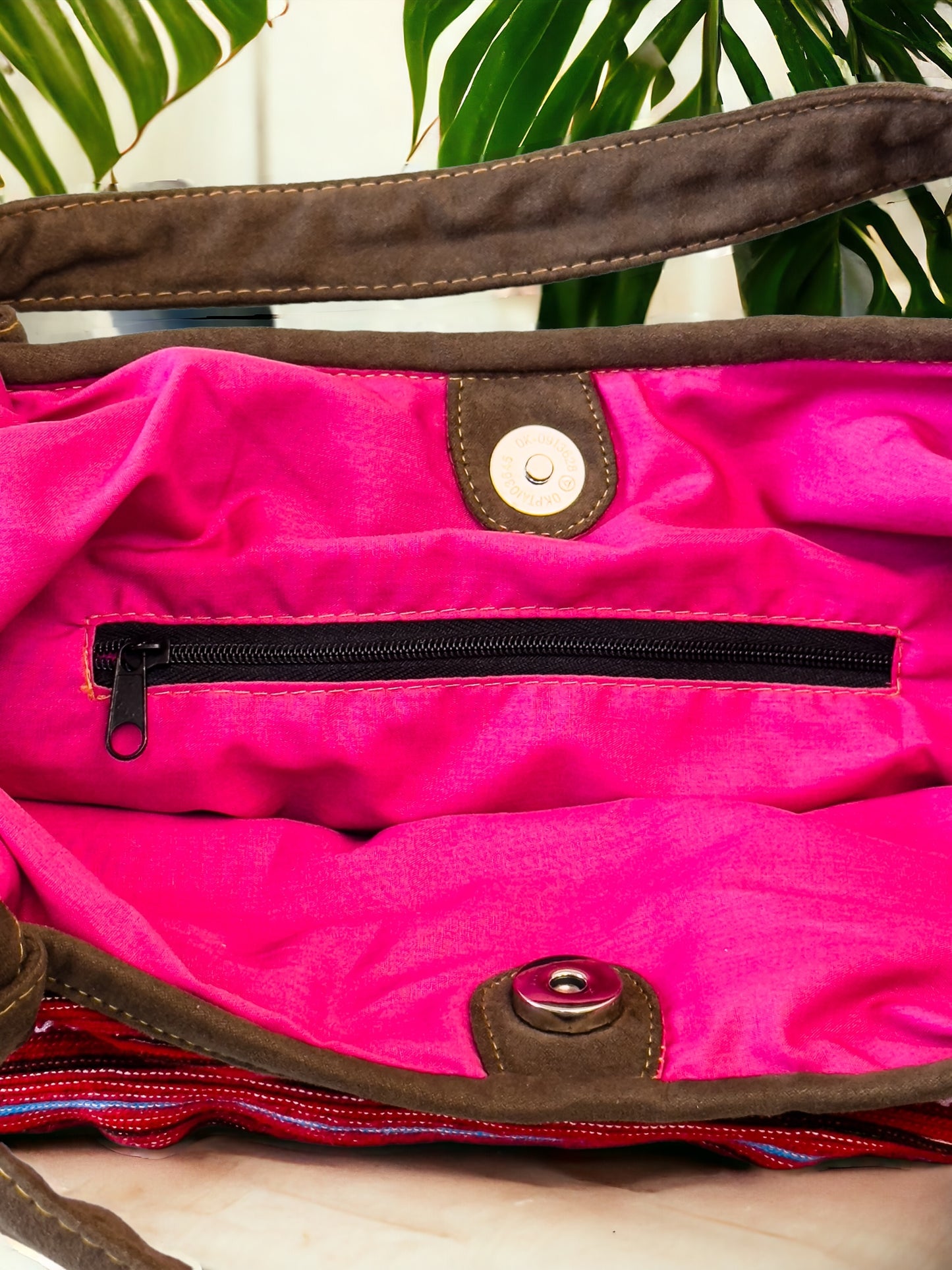 Handmade Red Embroidered Handbag – Knot Handles, Faux Leather, Pink Inner Lining