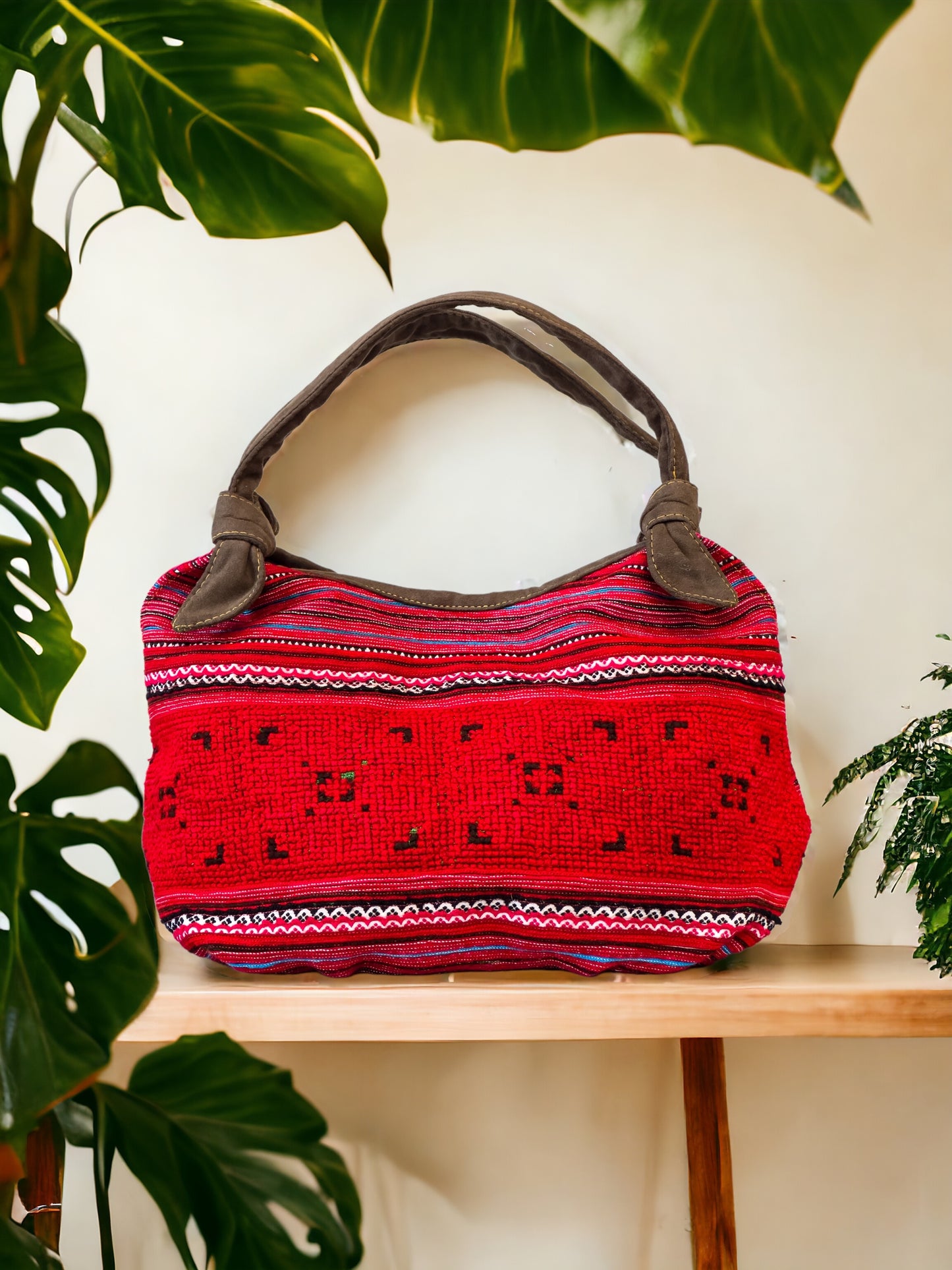 Handmade Red Embroidered Handbag – Knot Handles, Faux Leather, Pink Inner Lining