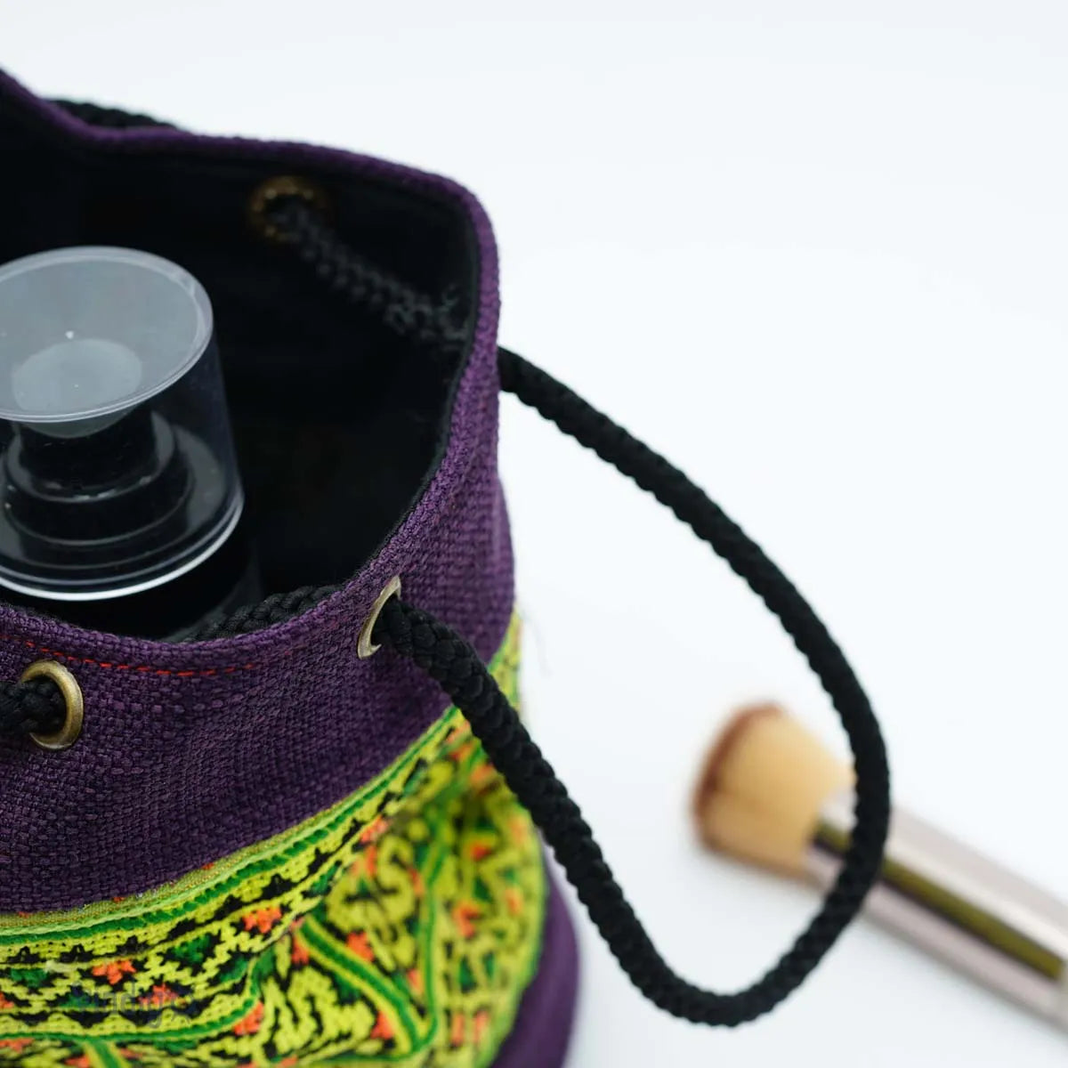 Vindigo tribal pouch top view with black lining and drawstring