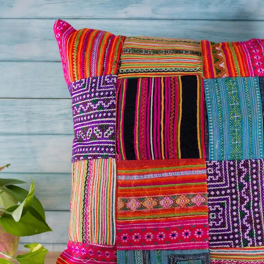 Vindigo multicolor cotton cushion cover side angle showing patch details