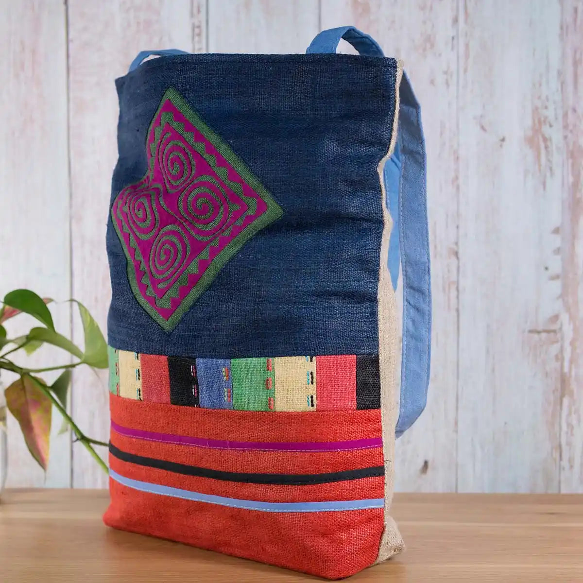 Vindigo shoulder bag indigo hemp pink spiral embroidery front view