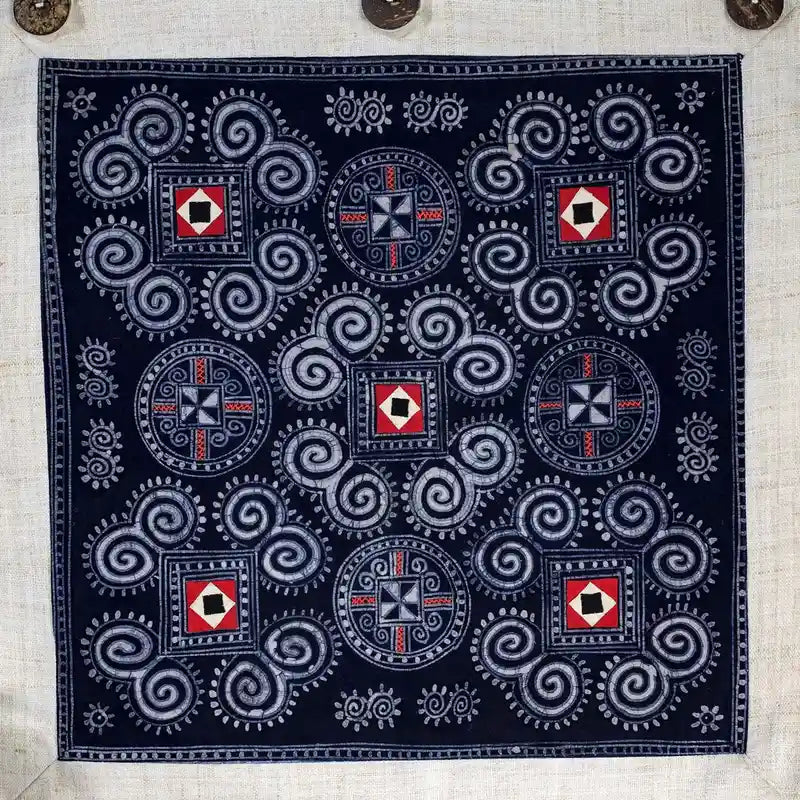 Vindigo indigo hemp batik tapestry close-up circular pattern