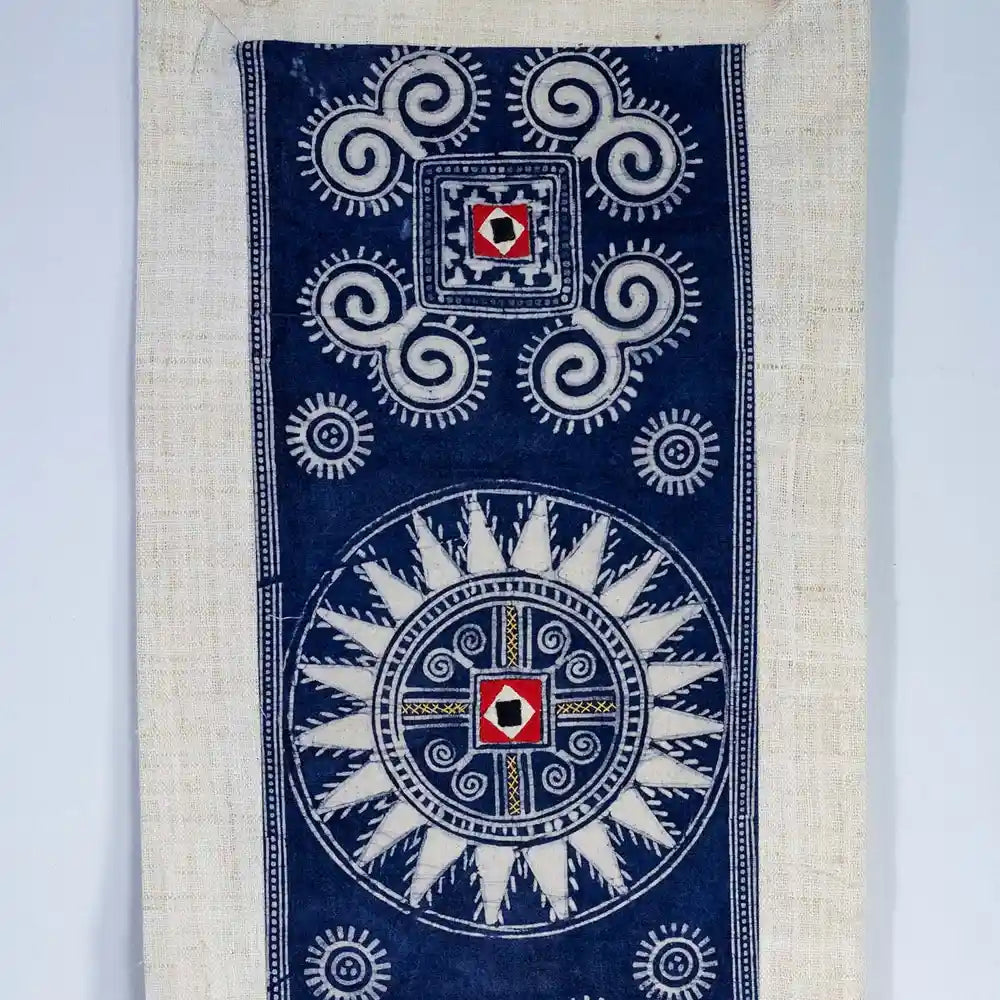 Vindigo indigo hemp batik tapestry close-up fabric detail
