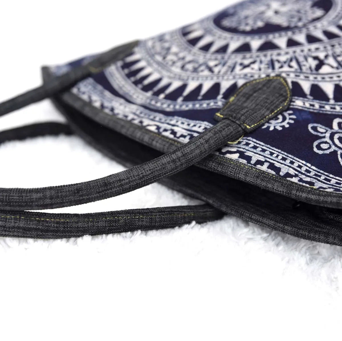 Vindigo tote top handles and curved batik motif