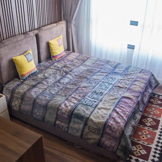 Vindigo purple and gray cotton bed cover with Hmong patterns front view