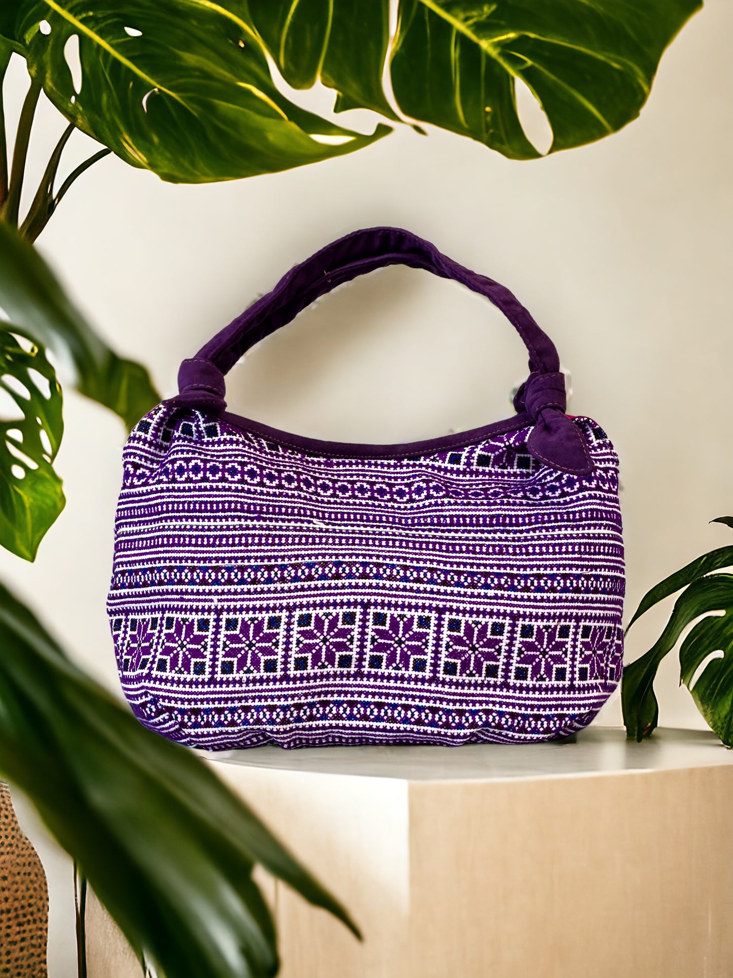 Handmade Purple Embroidered Handbag – Knot Handles, Faux Leather, Pink Inner Lining