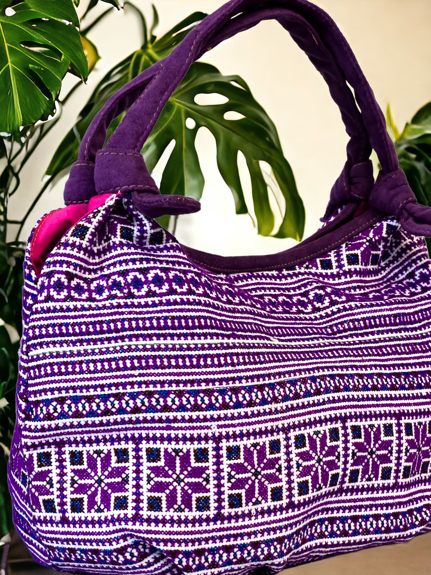 Handmade Purple Embroidered Handbag – Knot Handles, Faux Leather, Pink Inner Lining
