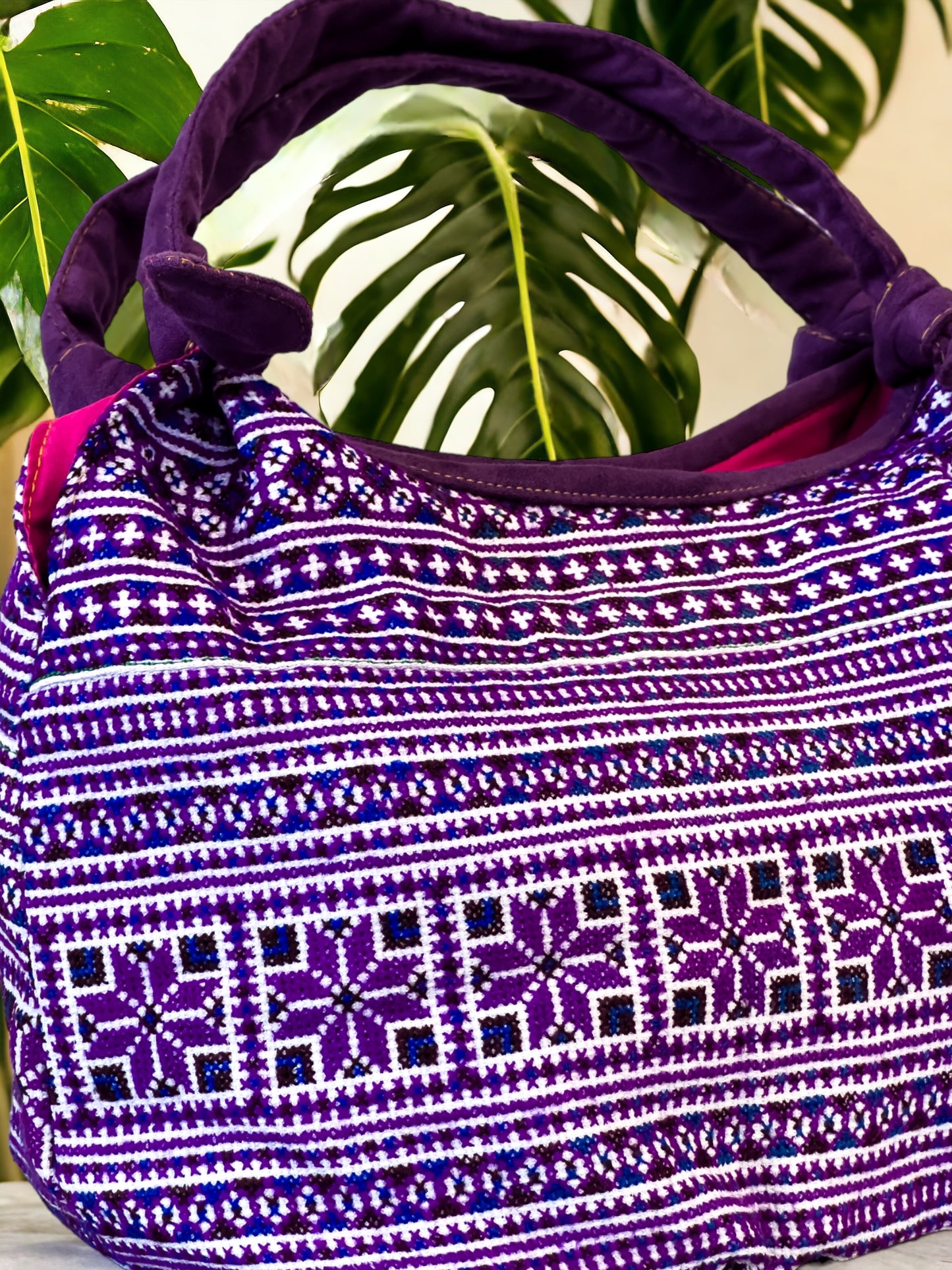 Handmade Purple Embroidered Handbag – Knot Handles, Faux Leather, Pink Inner Lining