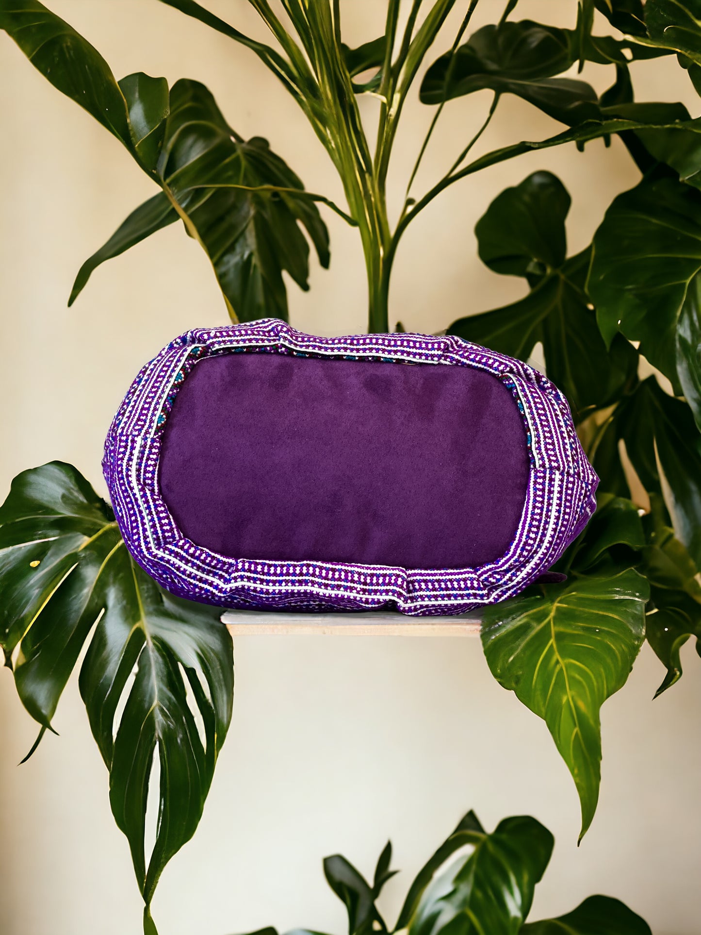 Handmade Purple Embroidered Handbag – Knot Handles, Faux Leather, Pink Inner Lining
