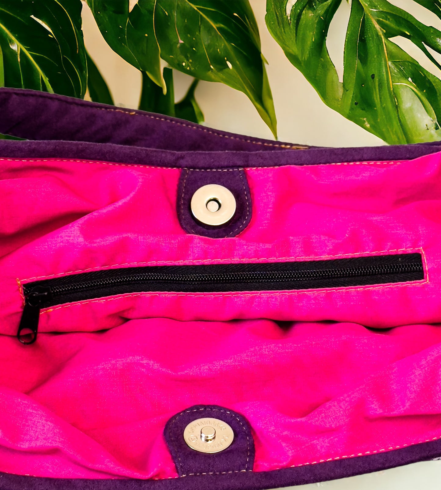 Handmade Purple Embroidered Handbag – Knot Handles, Faux Leather, Pink Inner Lining