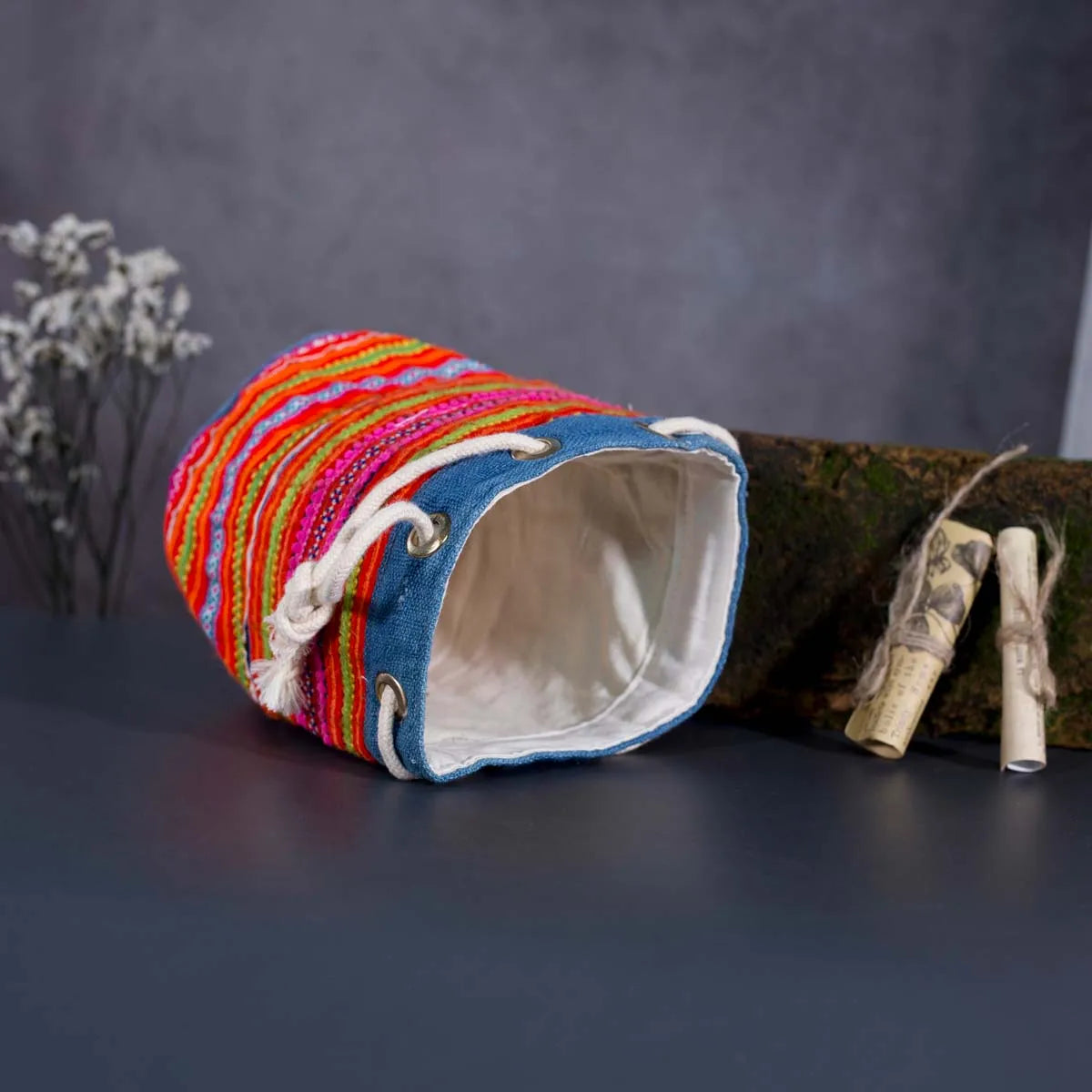 Vindigo orange embroidered canvas bucket bag bottom view