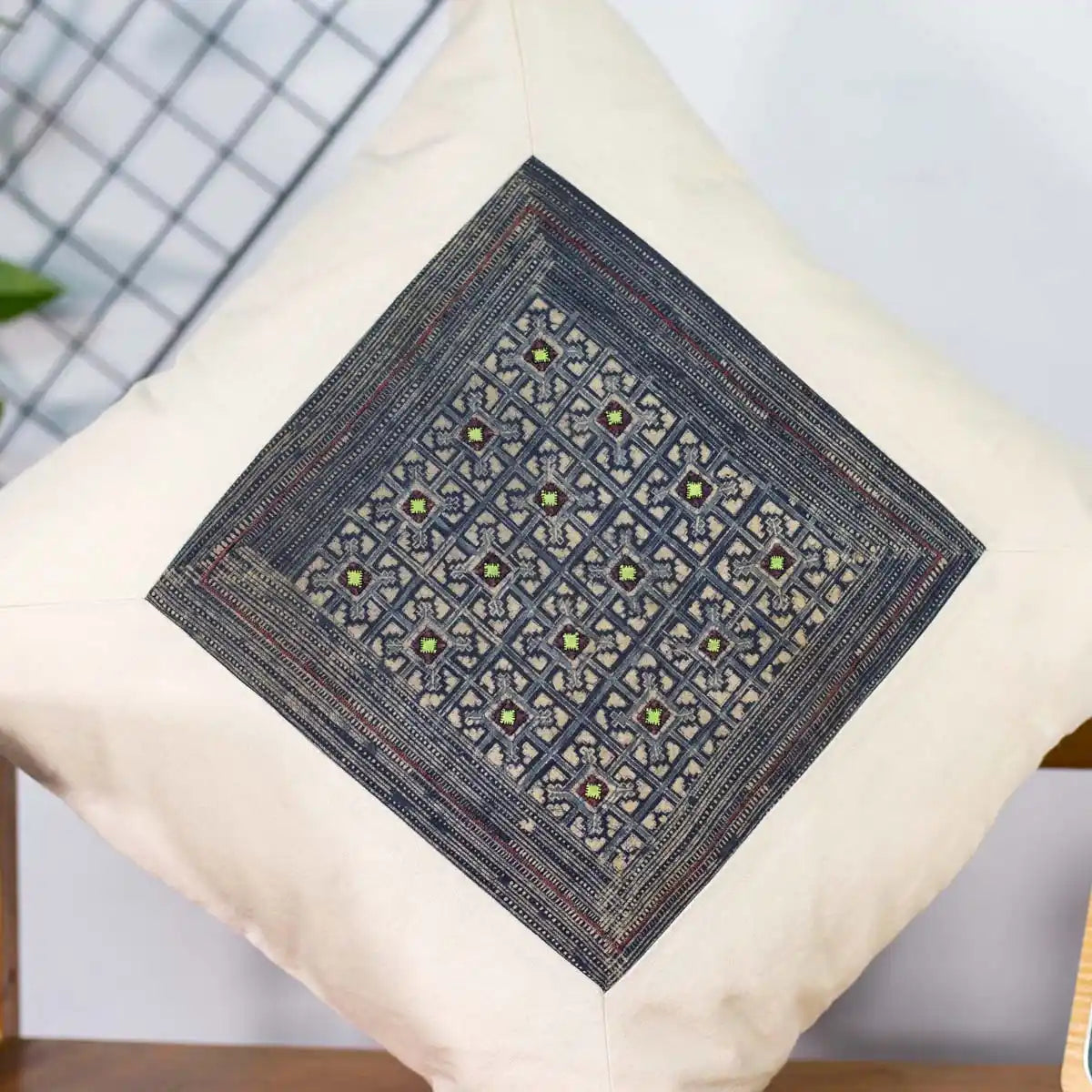 Vindigo beige cotton cushion cover indigo batik embroidery detail close-up