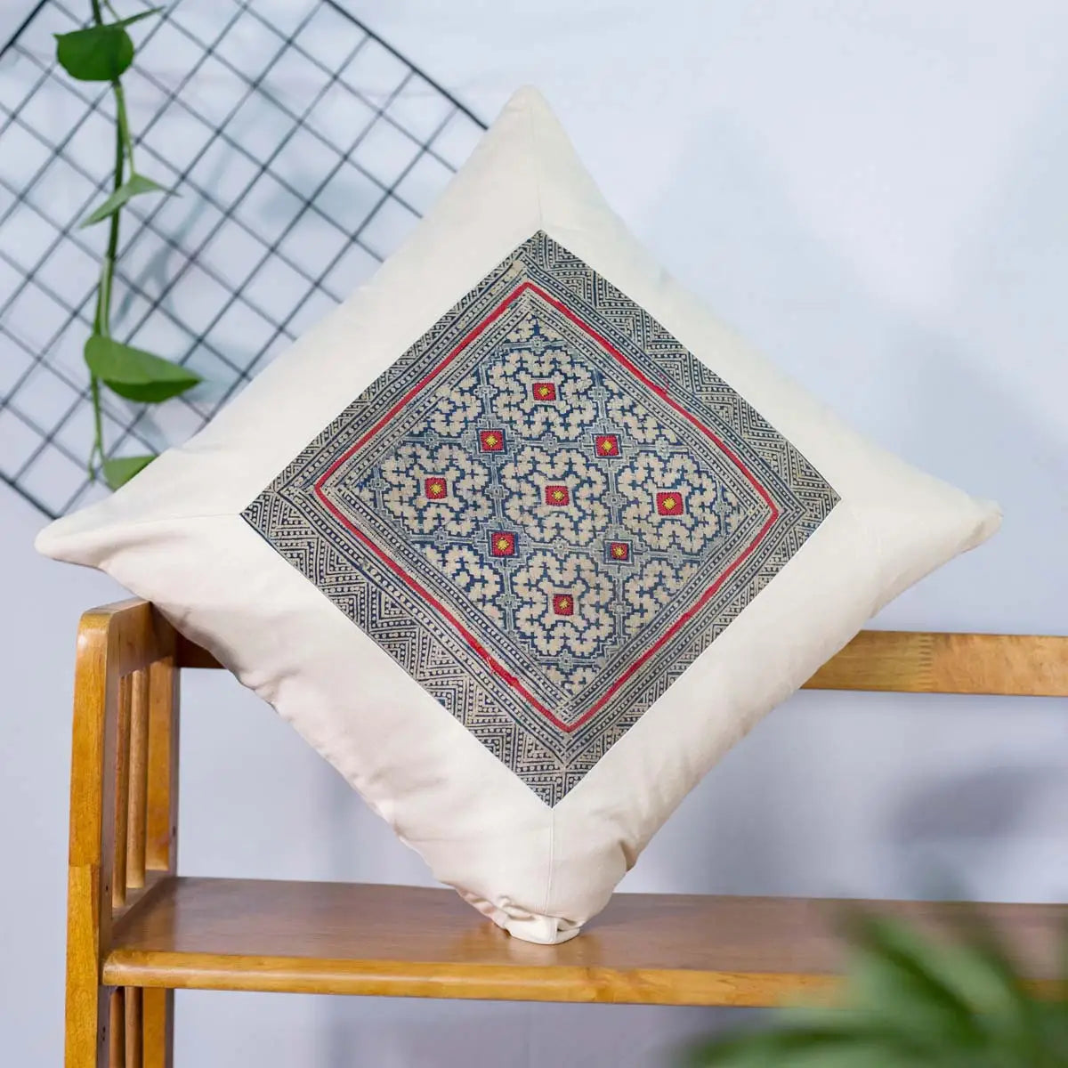 Vindigo beige cotton cushion cover floral embroidery side angle