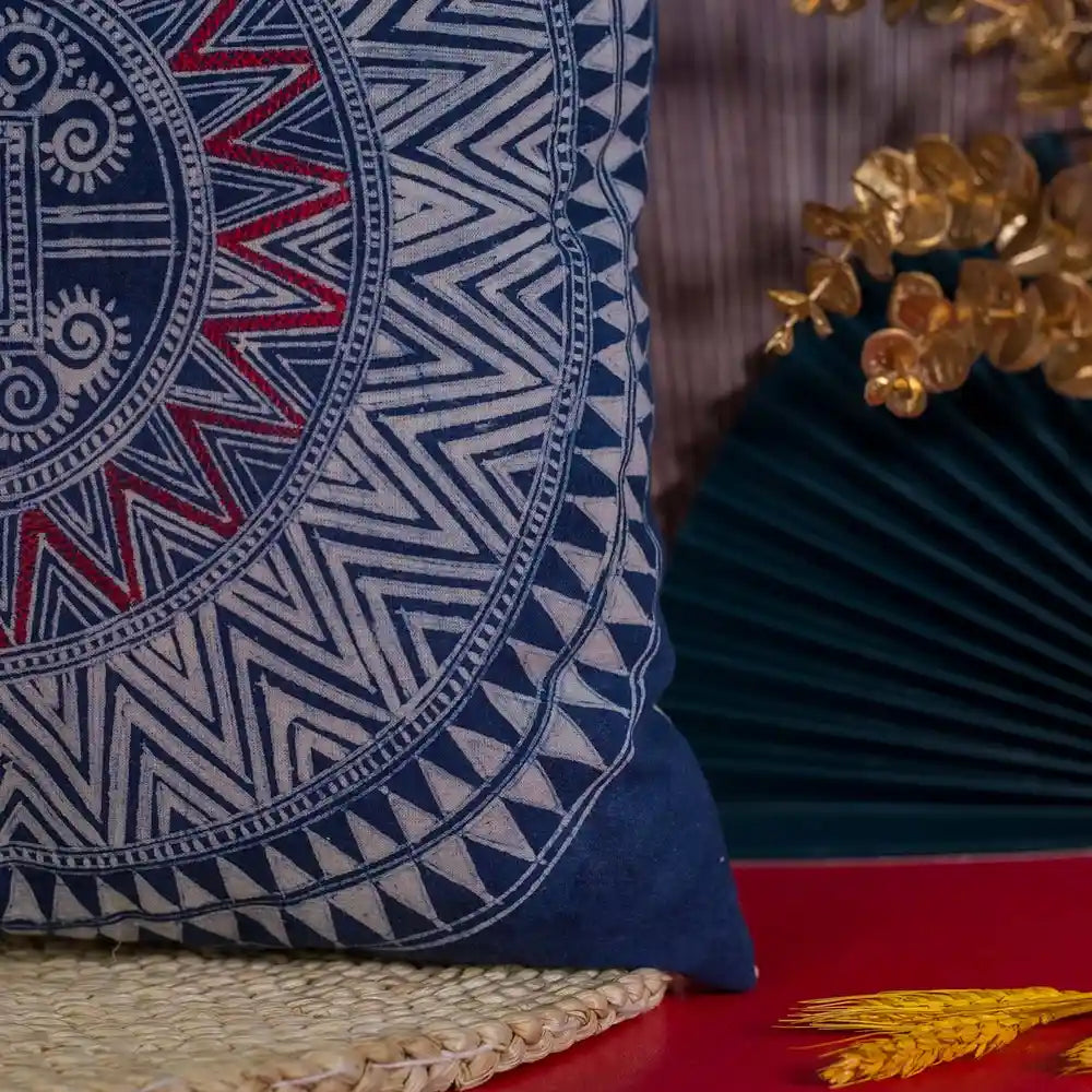 Vindigo blue cotton batik cushion cover close-up of handmade pattern
