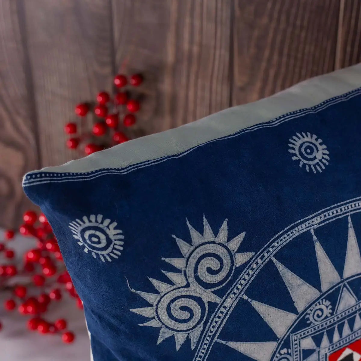 Vindigo indigo batik cushion cover handmade sun motif detail