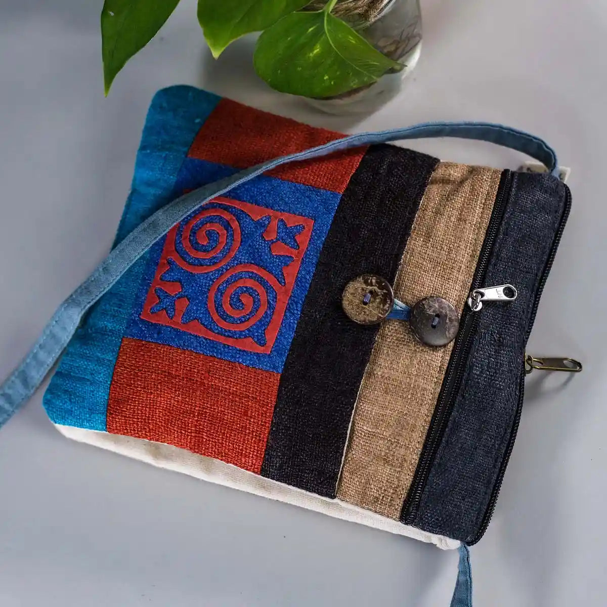 Vindigo hemp patchwork crossbody bag side angle showing spiral design