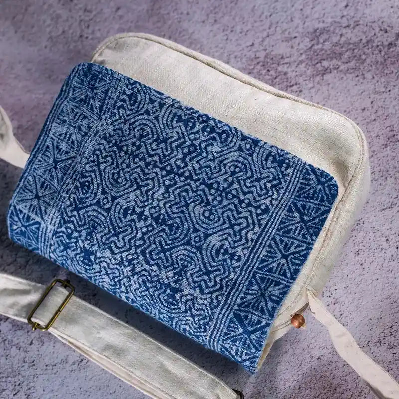 Vindigo handmade hemp bag open view showing flap and zipper