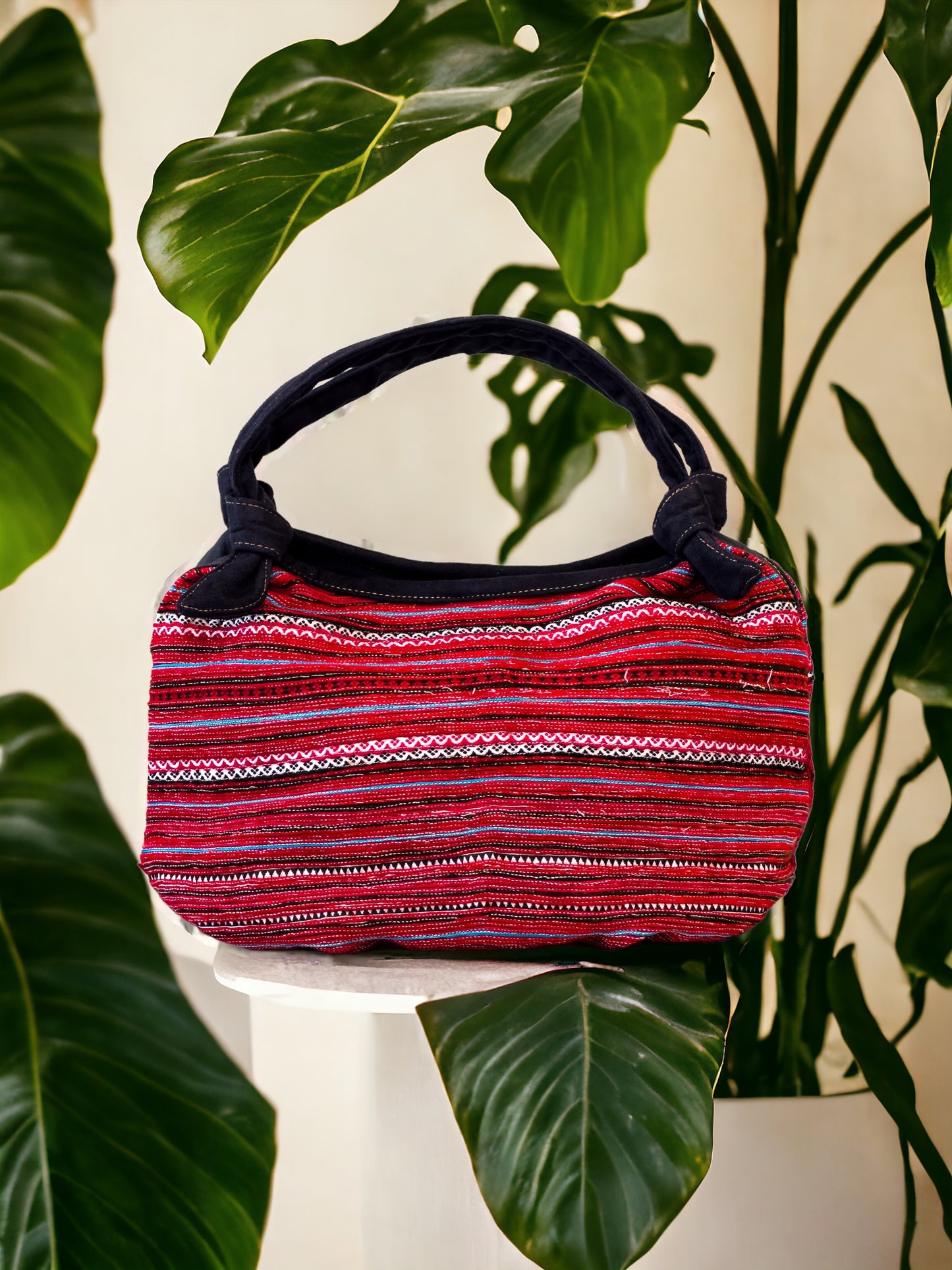 Handmade Red Embroidered Handbag – Knot Handles, Faux Leather, Black Inner Lining