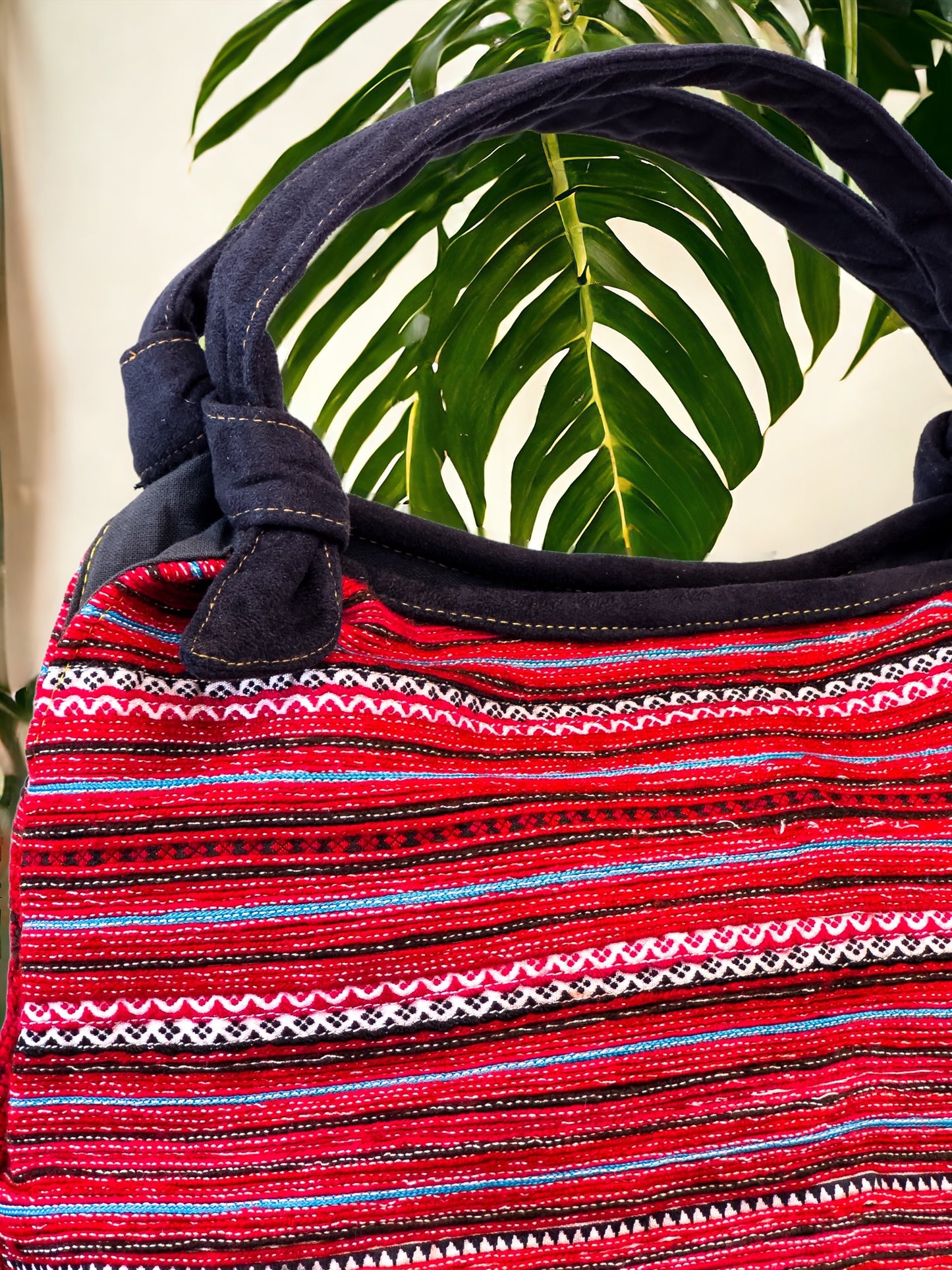 Handmade Red Embroidered Handbag – Knot Handles, Faux Leather, Black Inner Lining
