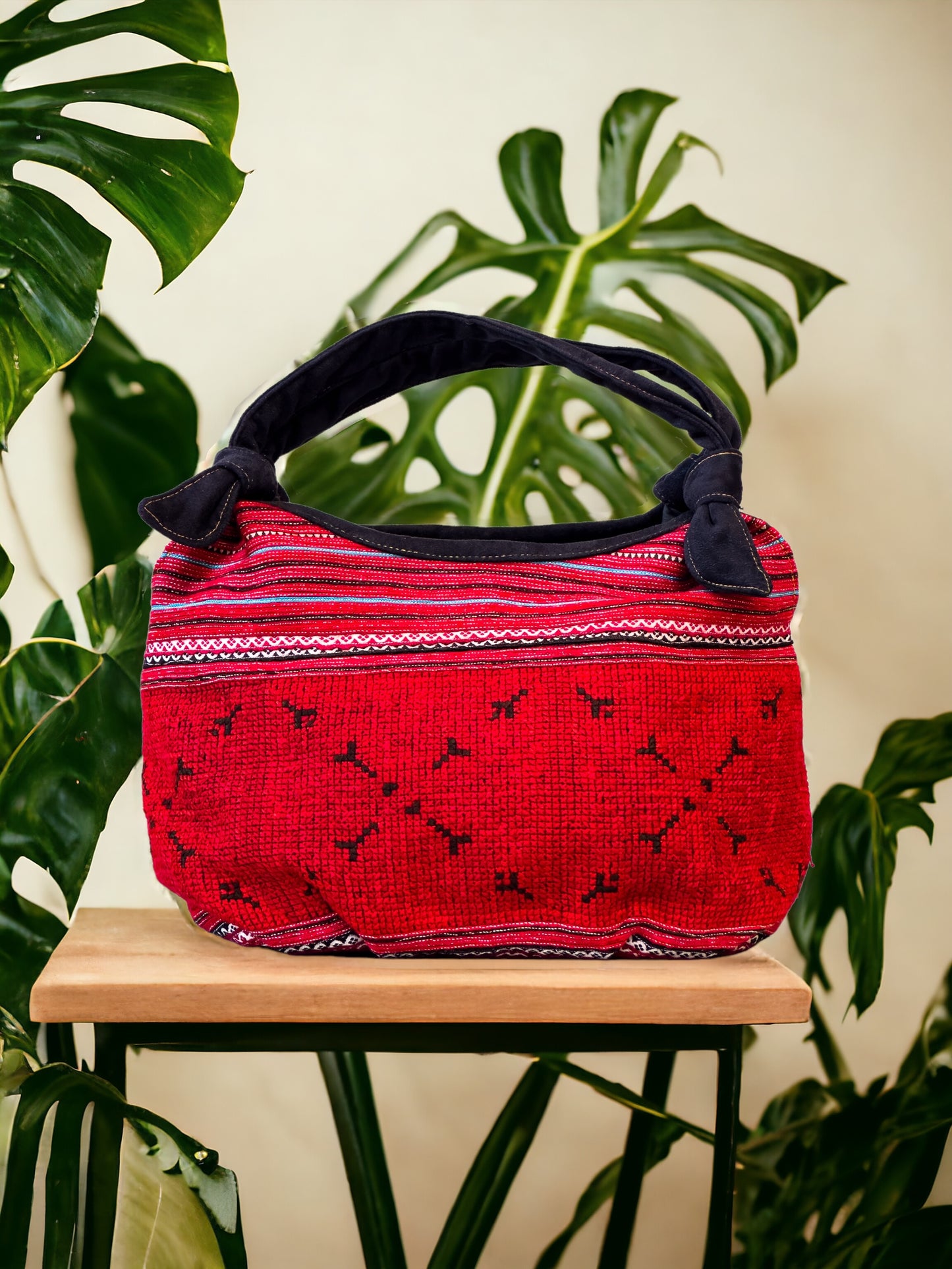Handmade Red Embroidered Handbag – Knot Handles, Faux Leather, Black Inner Lining