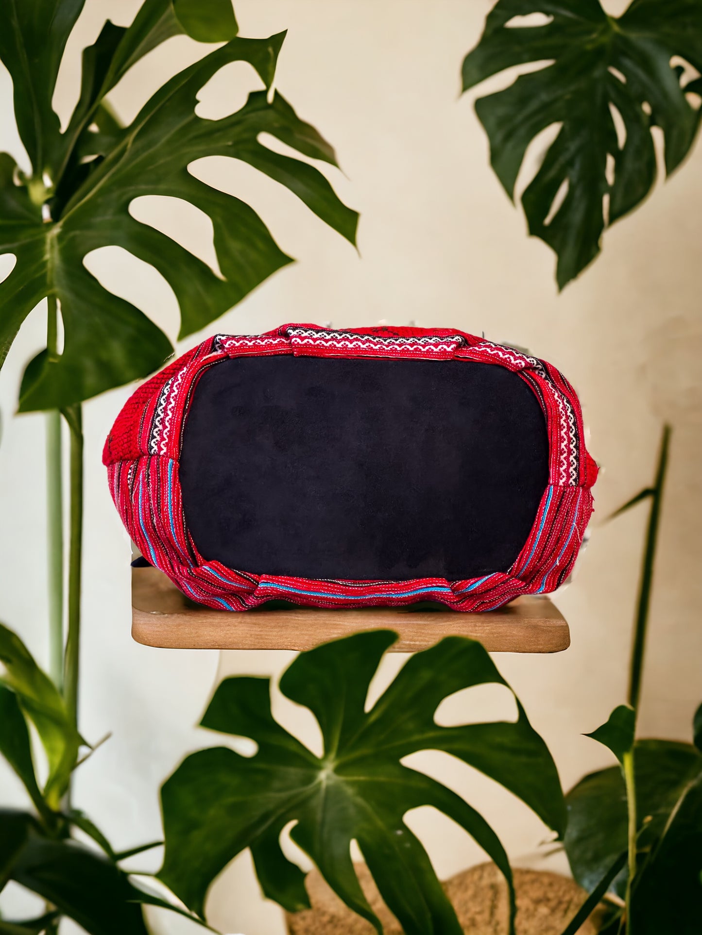 Handmade Red Embroidered Handbag – Knot Handles, Faux Leather, Black Inner Lining